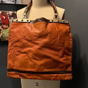 Stylish Vintage Cognac and Brown Leather Tote Bag with Metal Accents
